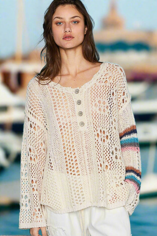 Striped Long Sleeve Knit Beach Cover Up