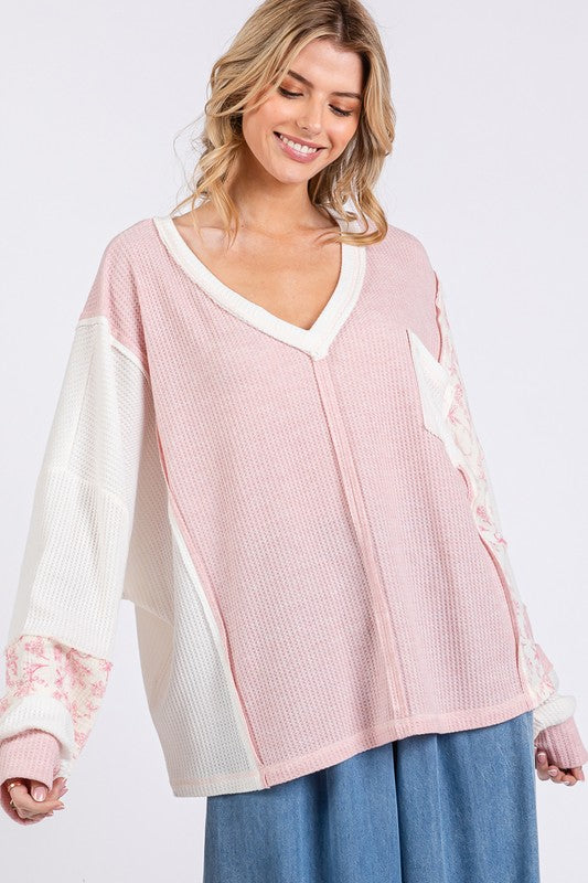 Beachy Baggy Floral Long Sleeve V-Neck Waffle Boho Knit Top