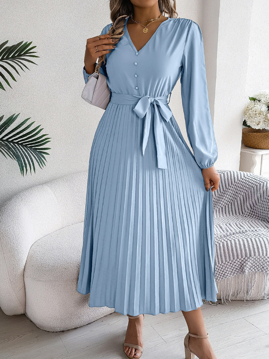 Pleated Tied V-Neck Long Sleeve Midi Dress