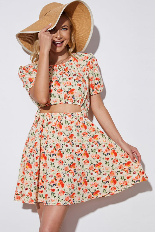 Floral Cutout Short Puff Sleeve Summer Dress
