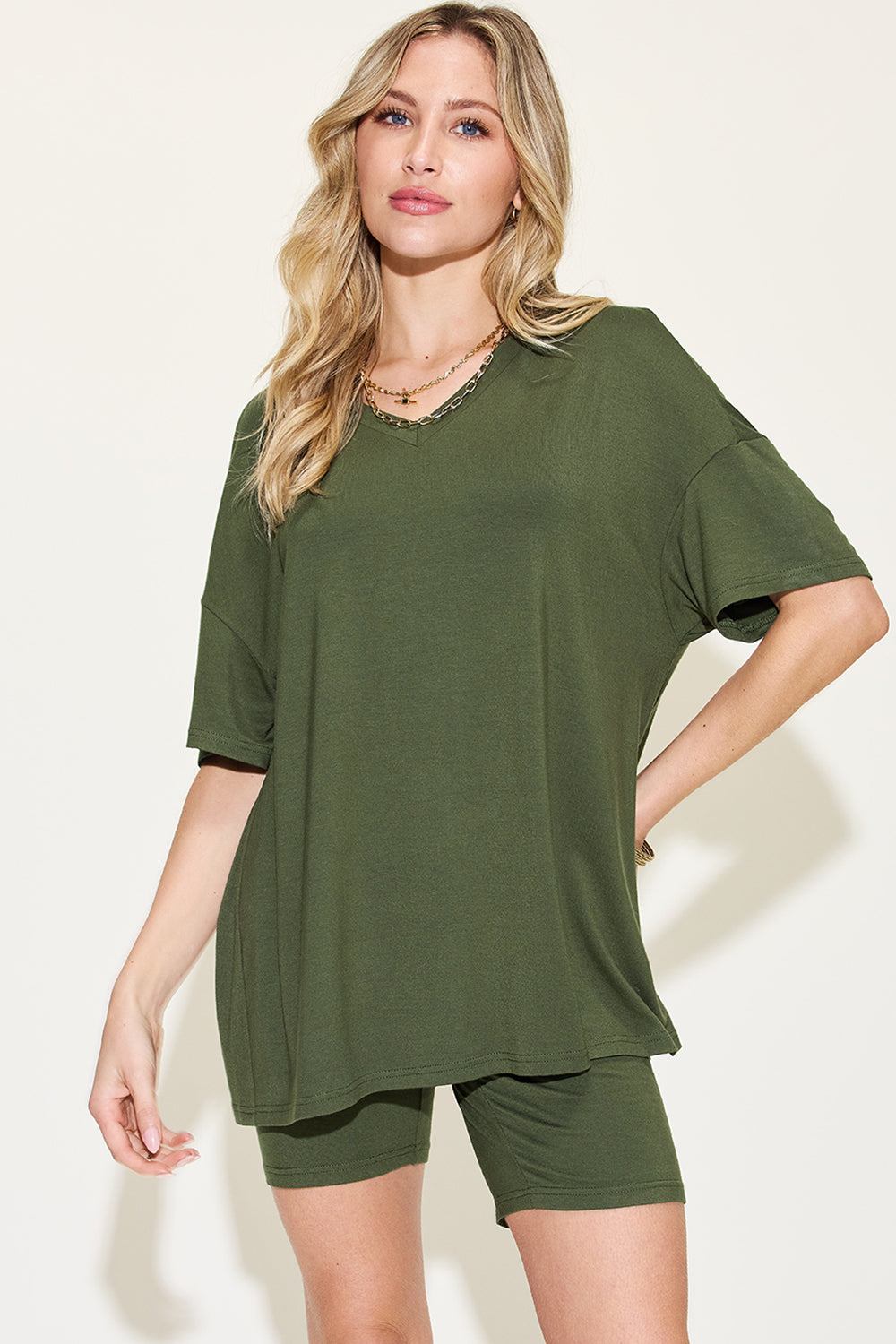 Plus Size V-Neck Drop Shoulder T-Shirt and Shorts Set