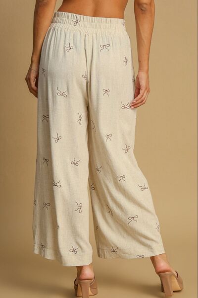 Full Size Lace Embroidered Bow Wide Leg Resort Pants