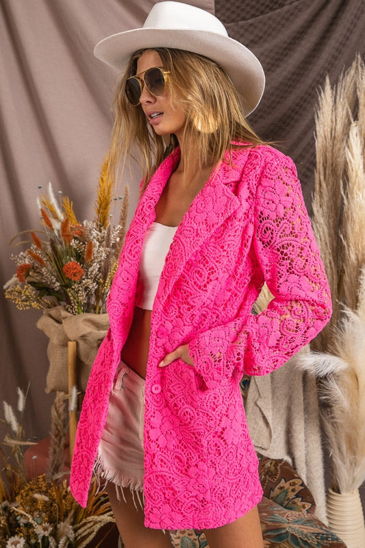 Pink Single-Breasted Long Sleeve Lace Blazer