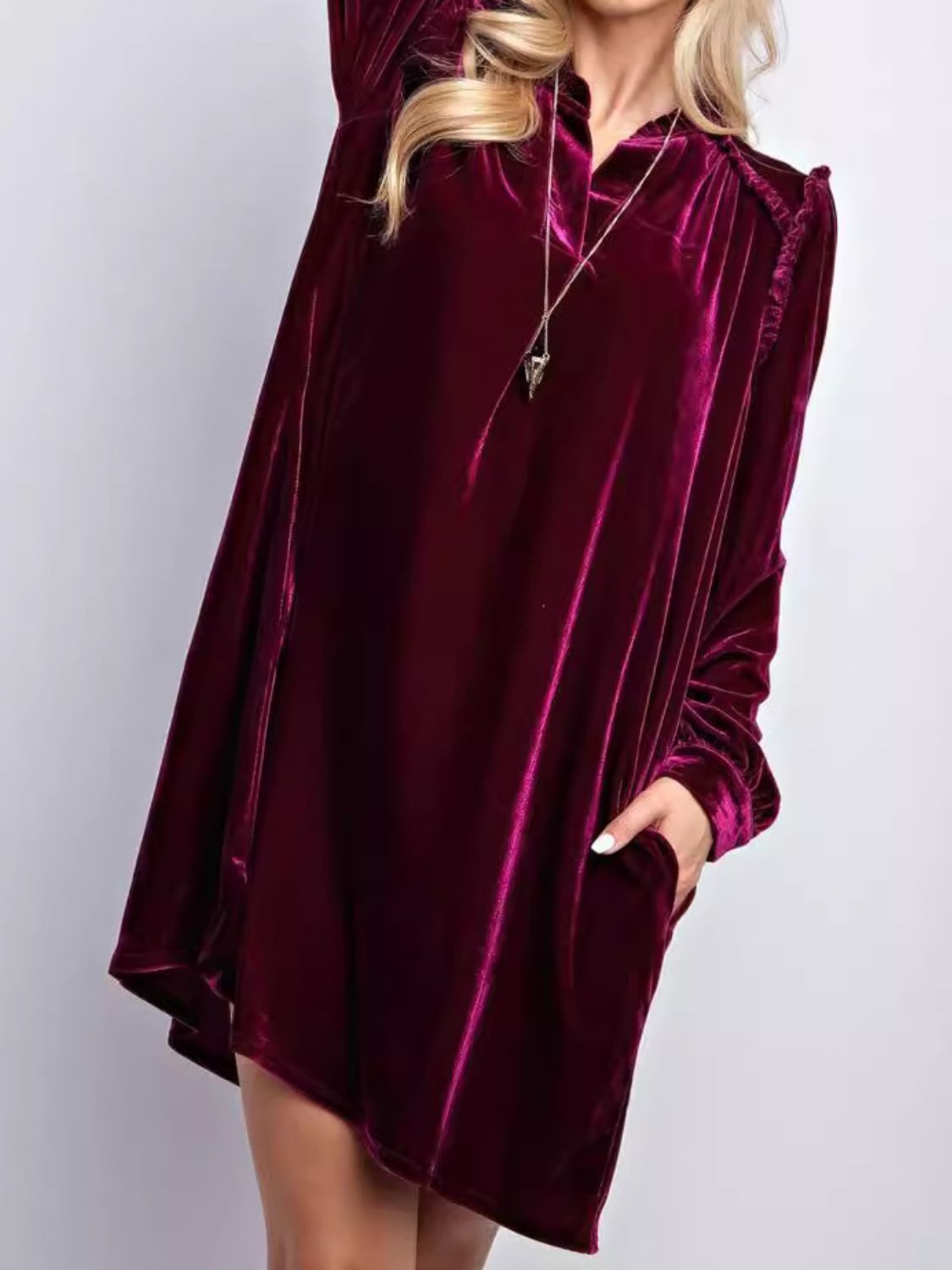 Frill Notched Long Sleeve Party Dress with Pockets