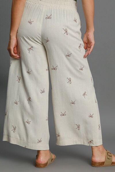 Full Size Lace Embroidered Bow Wide Leg Resort Pants