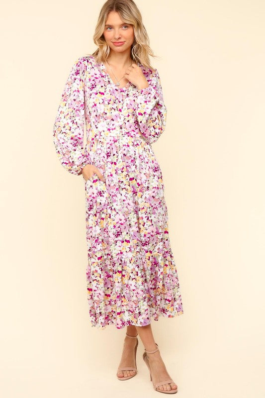 Full Size Floral Long Sleeve Summer Maxi Dress with Side Pockets