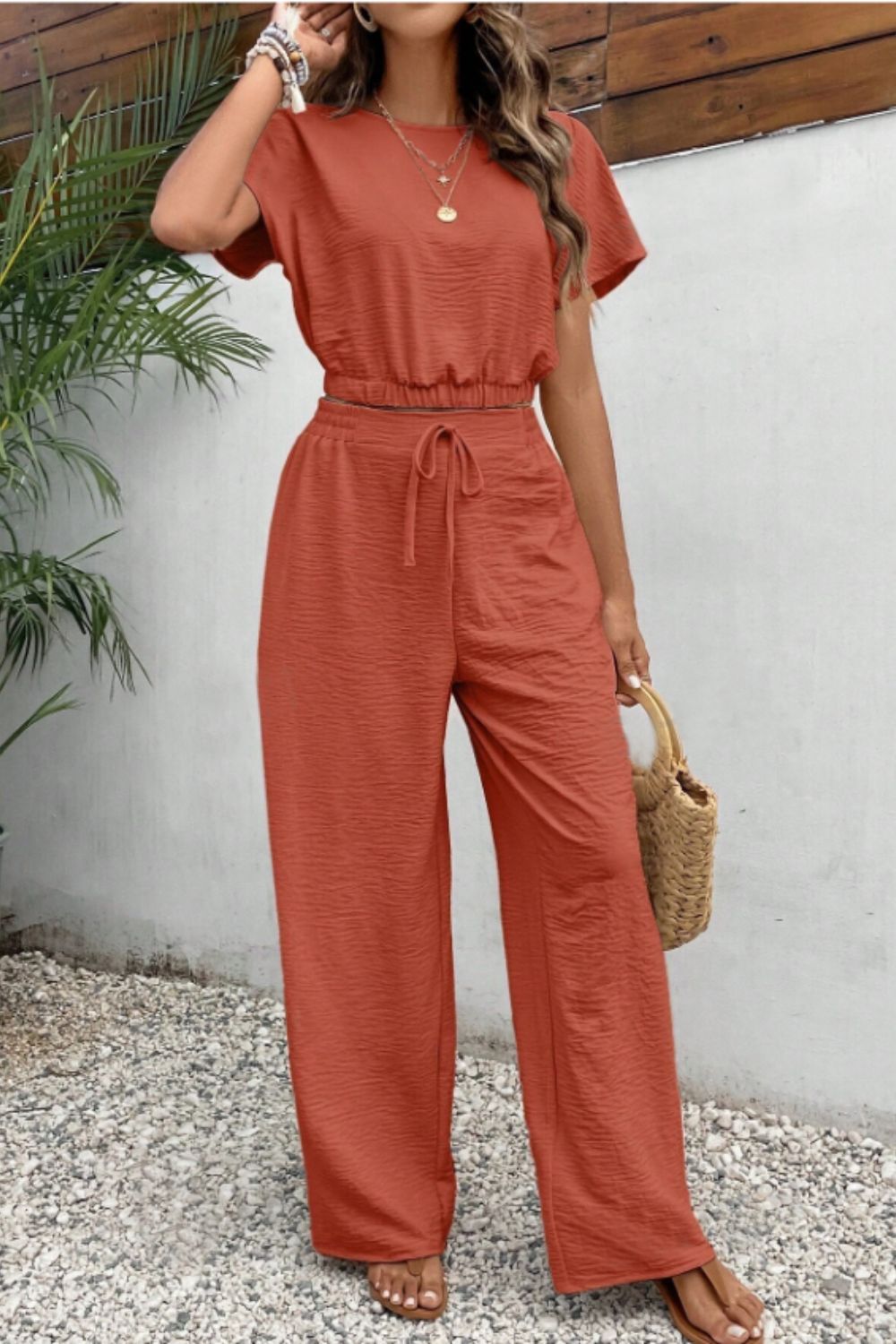 Round Neck Short Sleeve Top and Resort Pants Set