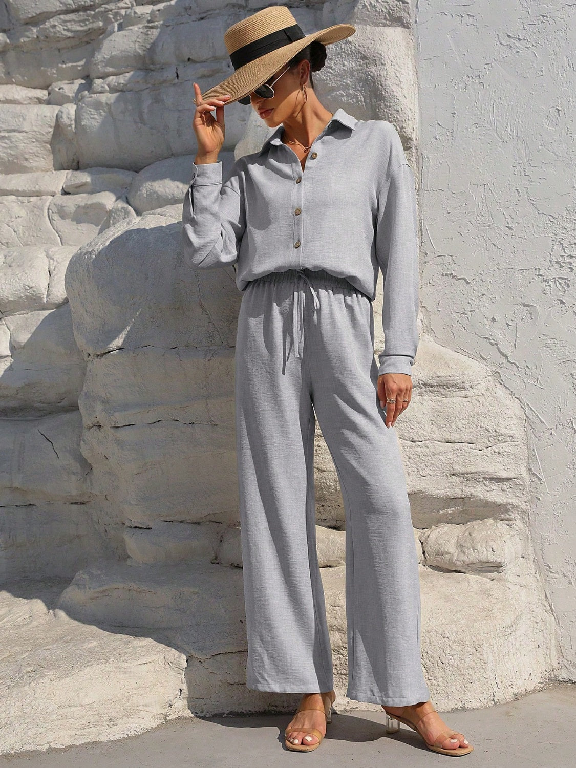 Button Up Long Sleeve Resort Top and Pants Set