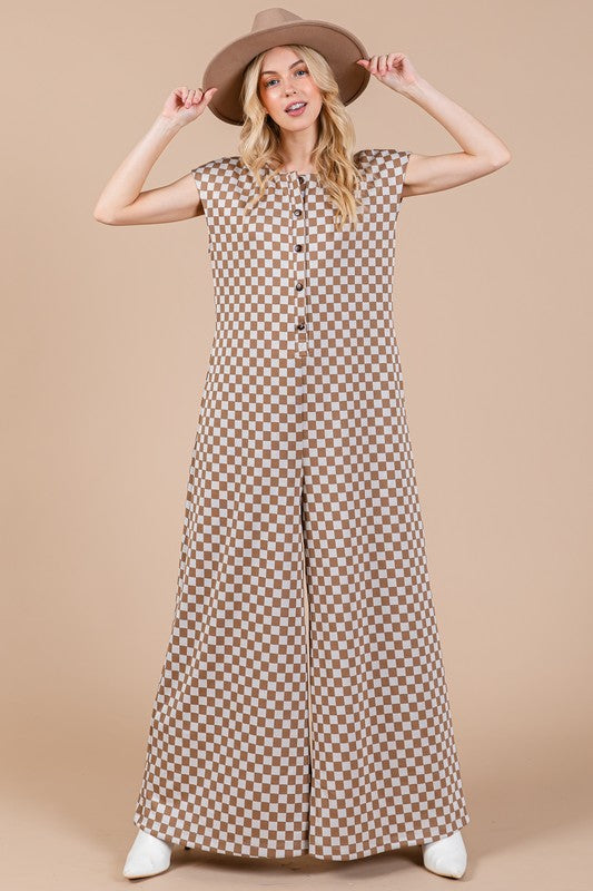 Checkered Half Button Cap Sleeve Resort Jumpsuit