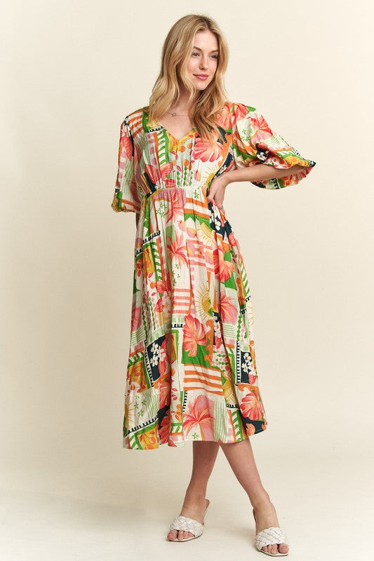 Tropical Puff Sleeve Resort Vacation Midi Dress