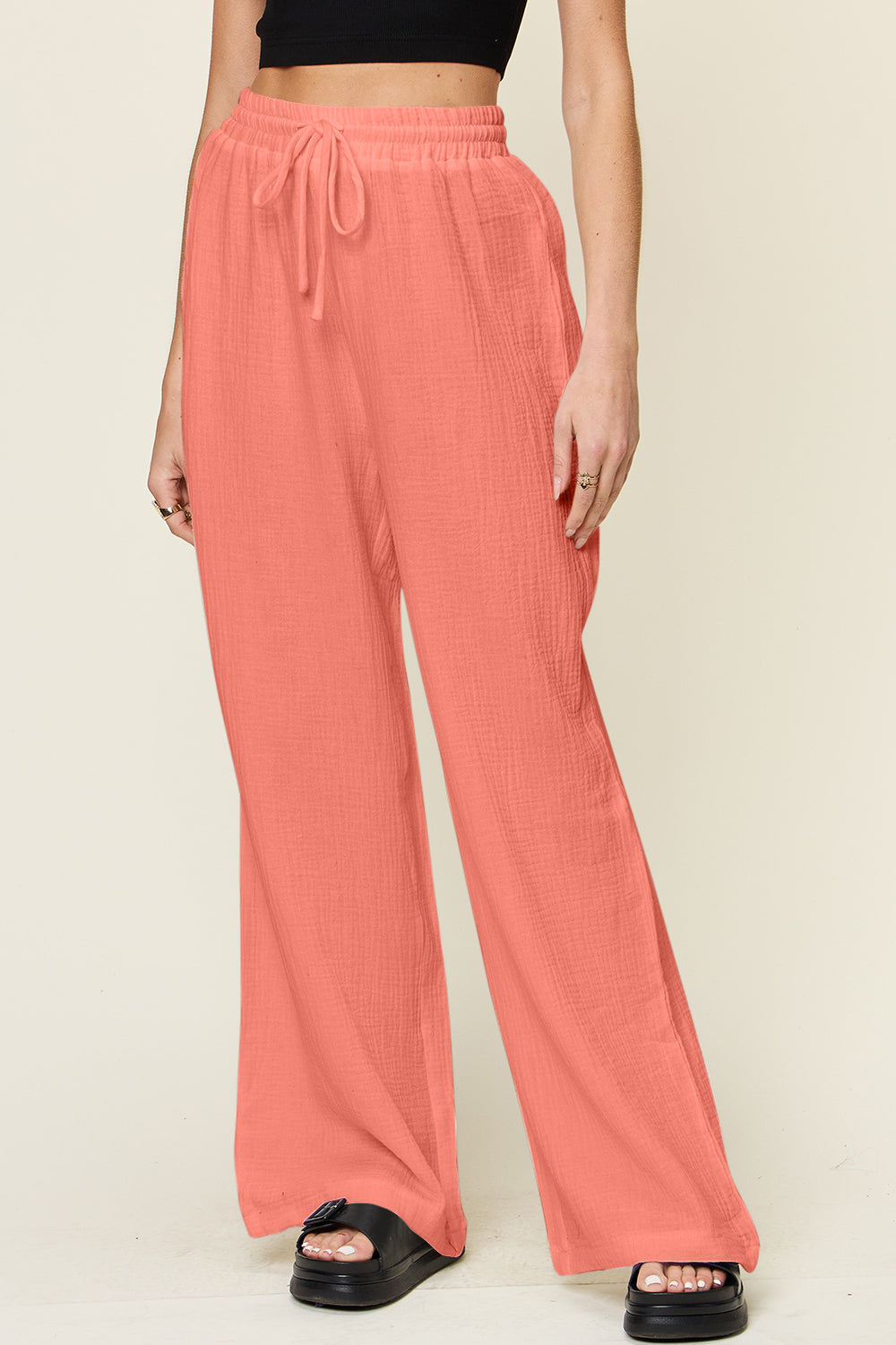 Full Size Texture Drawstring Wide Leg Pants