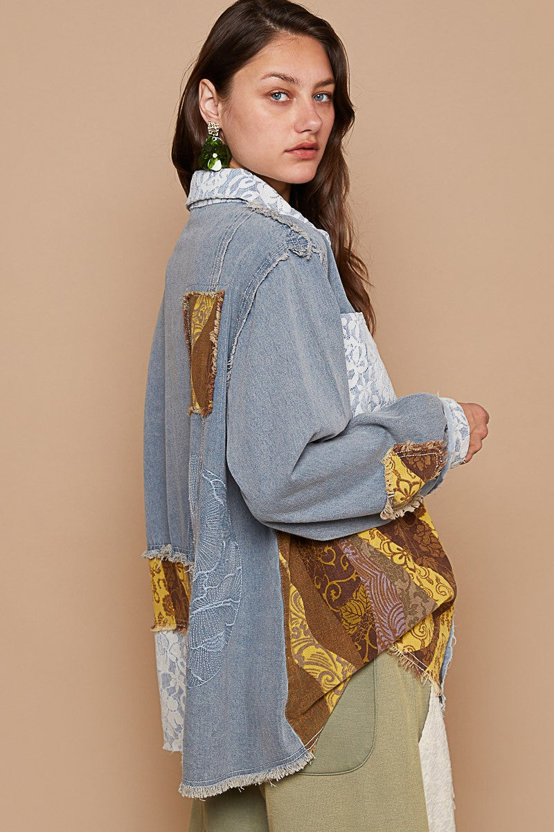 Raw Hem Twill Contrast Button Up Boho Shacket Top