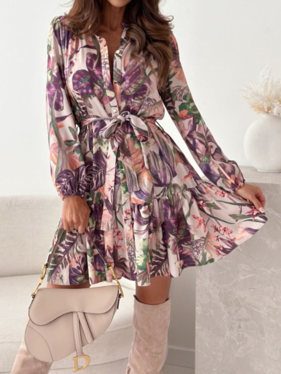 Ruffle Hem Floral Long Sleeve Resort Dress