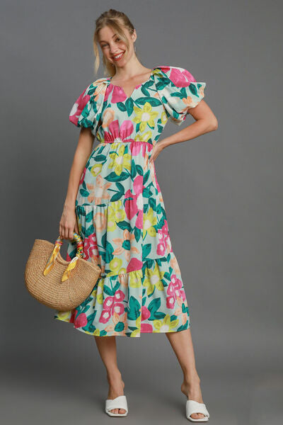 Full Size Tiered Floral Puff Sleeve Midi Dress