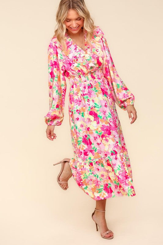 Full Size Floral Balloon Sleeve Summer Midi Dress with Side Pockets