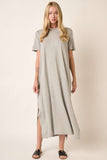 Heather Grey Side Slit Short Sleeve Resort Maxi Dress