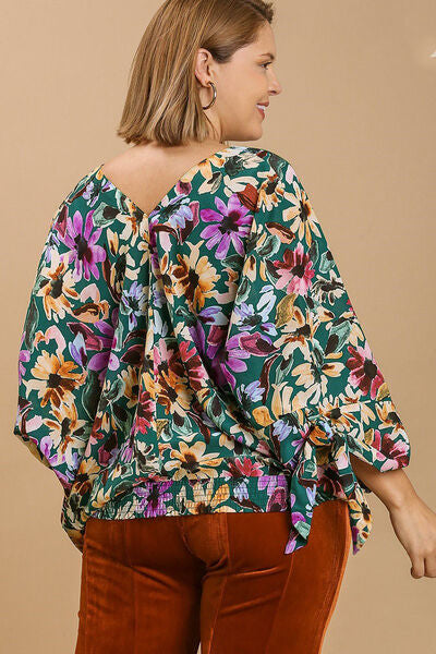 Full Size Floral V-Neck Tie Sleeve Baggy Blouse