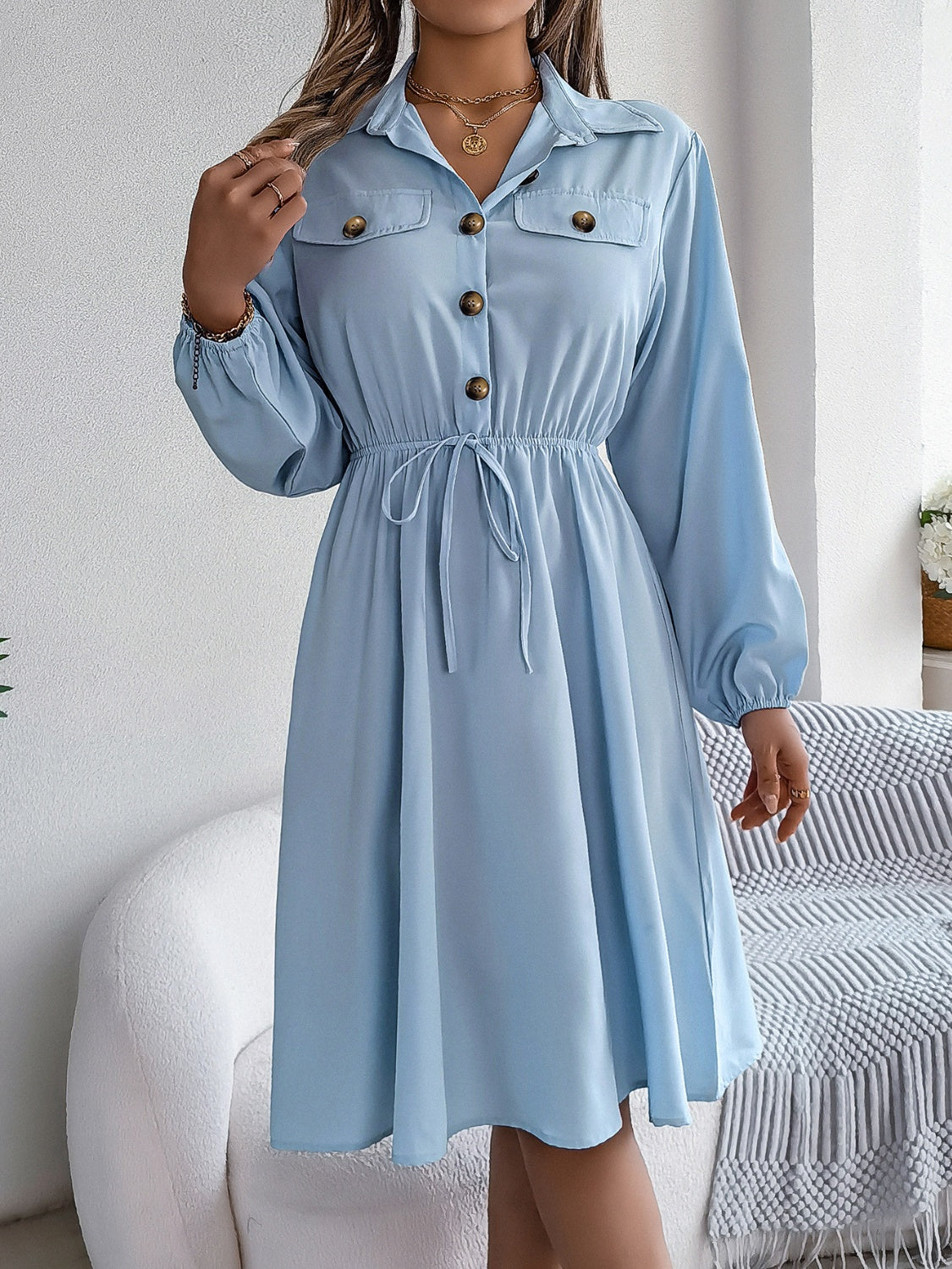 Collared Neck Long Sleeve Midi Dress with Pockets