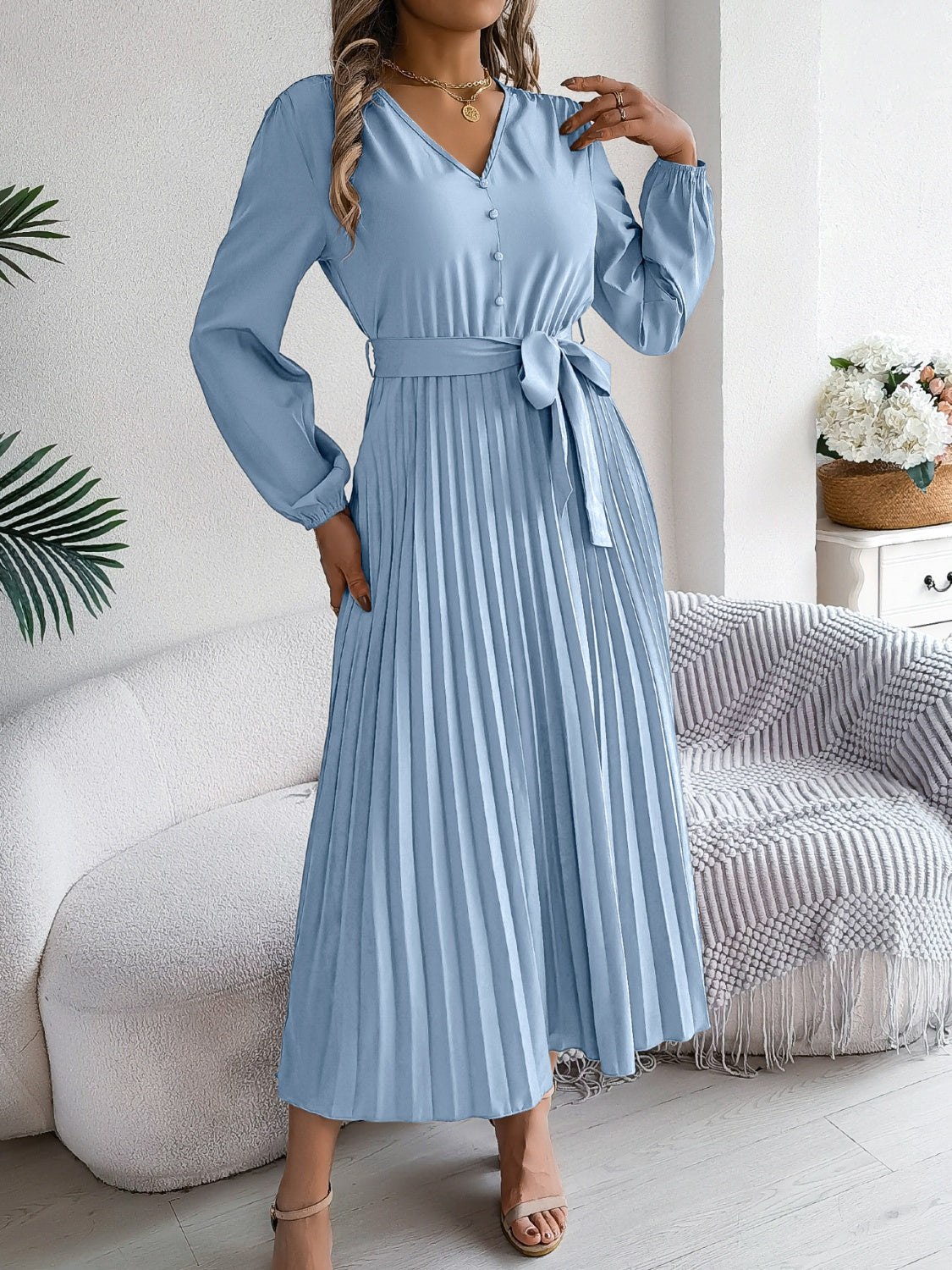 Pleated Tied V-Neck Long Sleeve Midi Dress