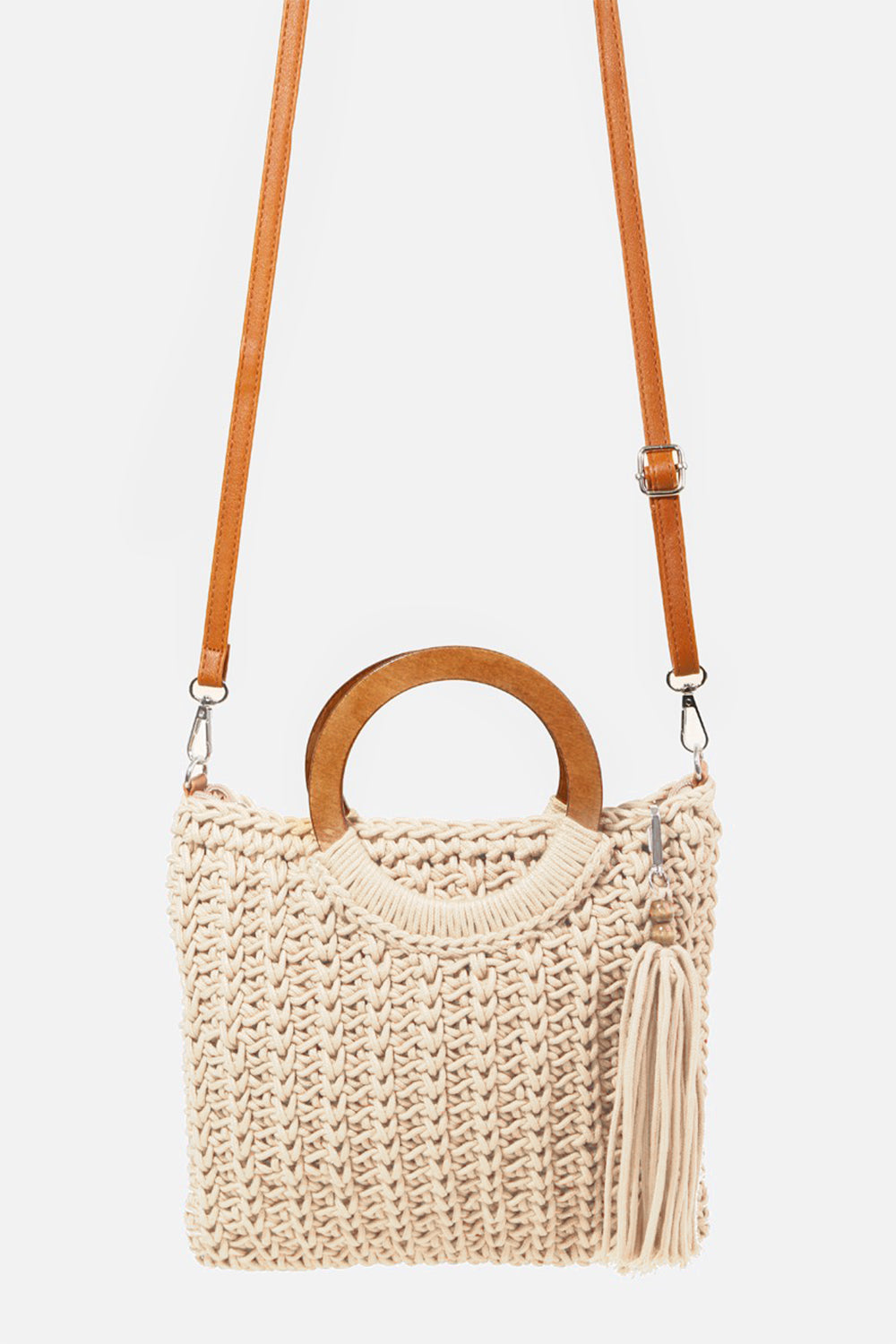 Crochet Knit Convertible Tote Bag with Tassel