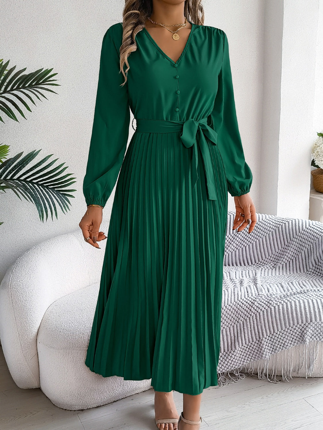 Pleated Tied V-Neck Long Sleeve Midi Dress