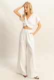 Crop Top Twisted Front Resort White Wide Leg Pants Set