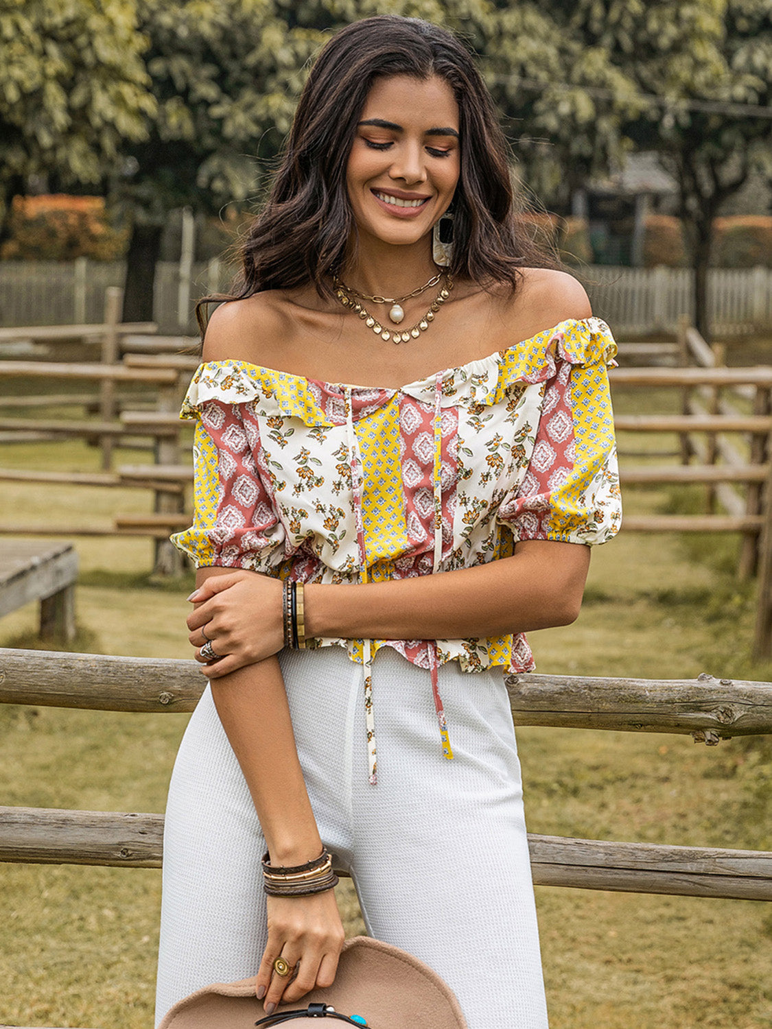 Ruffled Off-Shoulder Short Sleeve Boho Top