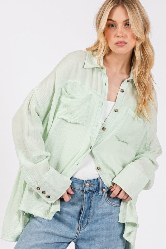 Beachy Frayed Hem Side Slit Button Down Boho Shirt