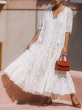 Tie Neck Tiered Lace Maxi Resort Dress