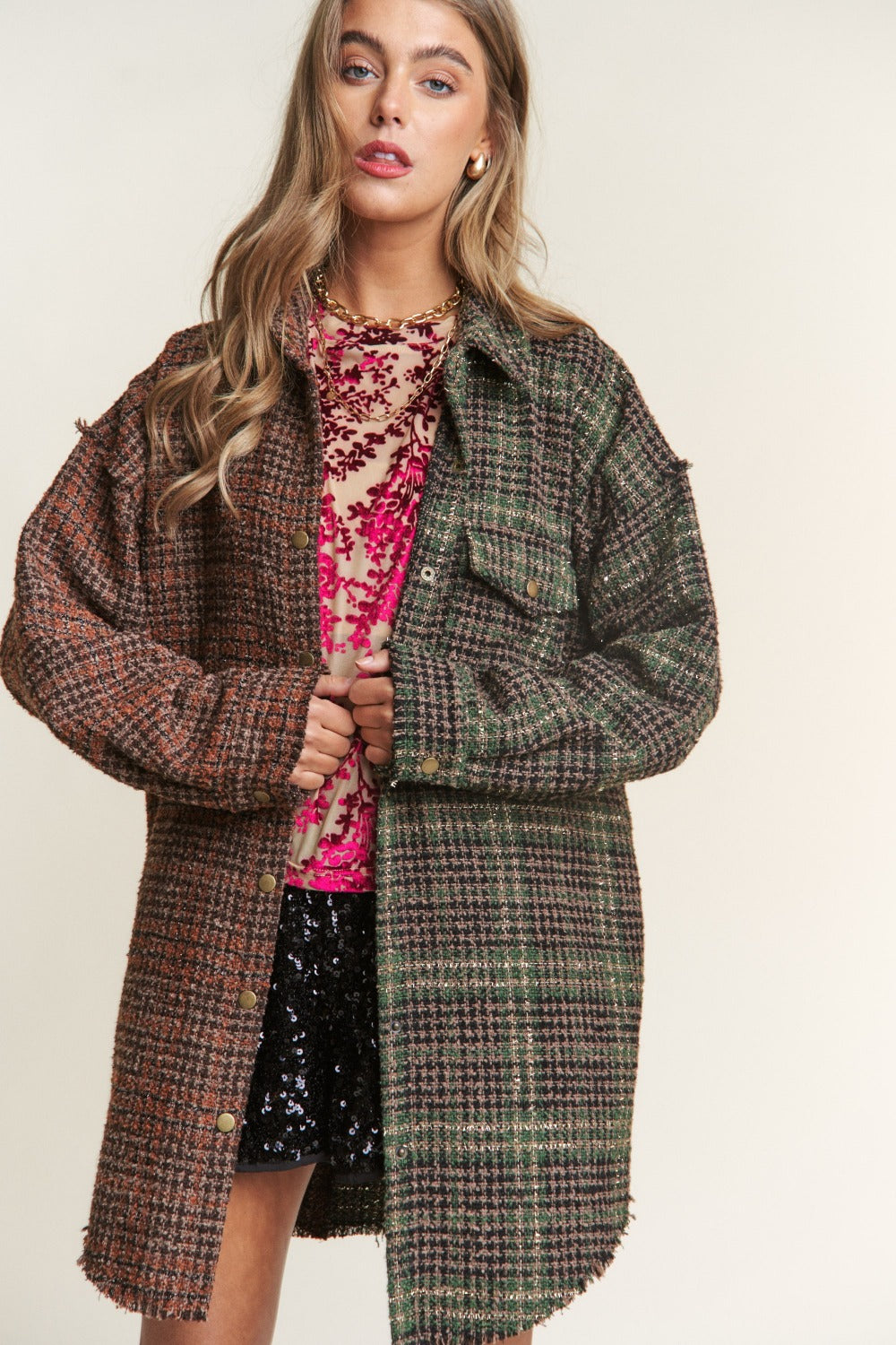 Snap Down Tweed Plaid Longline Shacket