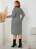 Plus Size Houndstooth Long Sleeve Midi Office Dress