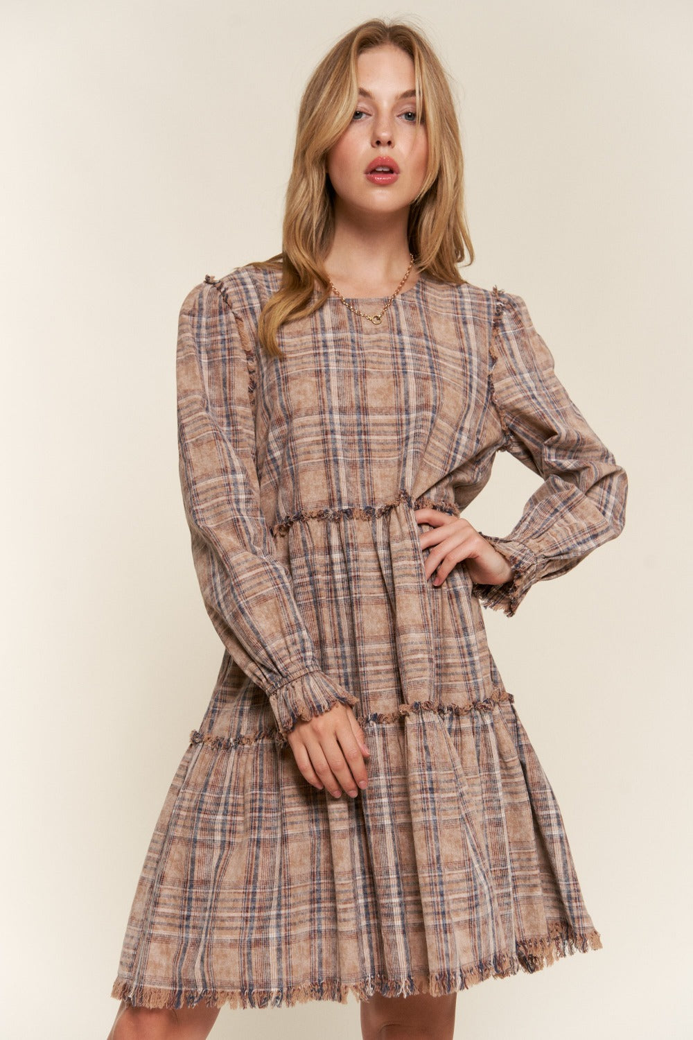 Full Size Washed Frayed Tiered Plaid Dress