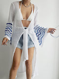 Openwork Striped Flare Sleeve Swim Cover-Up