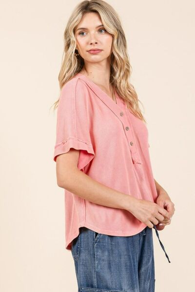 Mineral Wash Henley Short Sleeve Waffle Knit Top