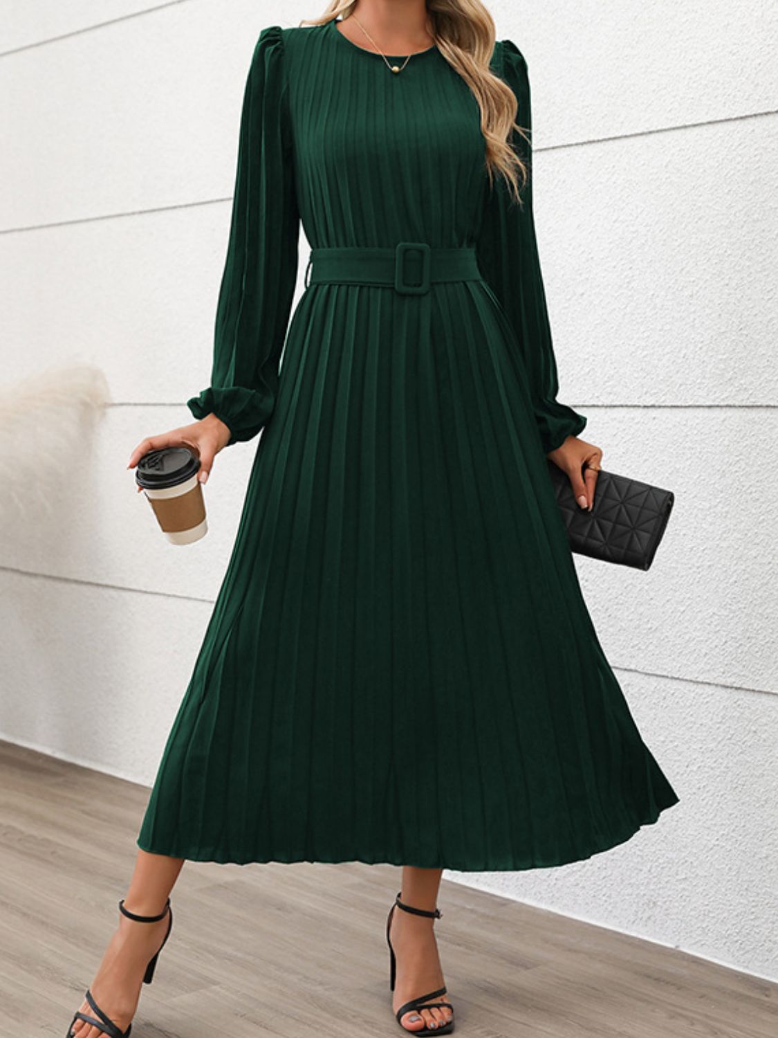 Pleated Round Neck Long Sleeve Midi Dress