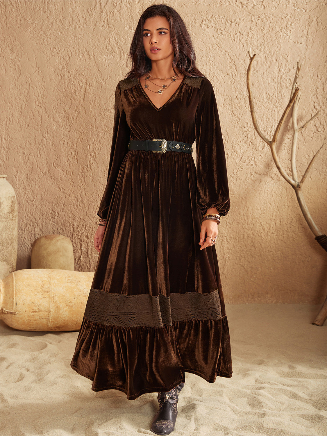 Ruffled V-Neck Long Sleeve Black Boho Maxi Dress