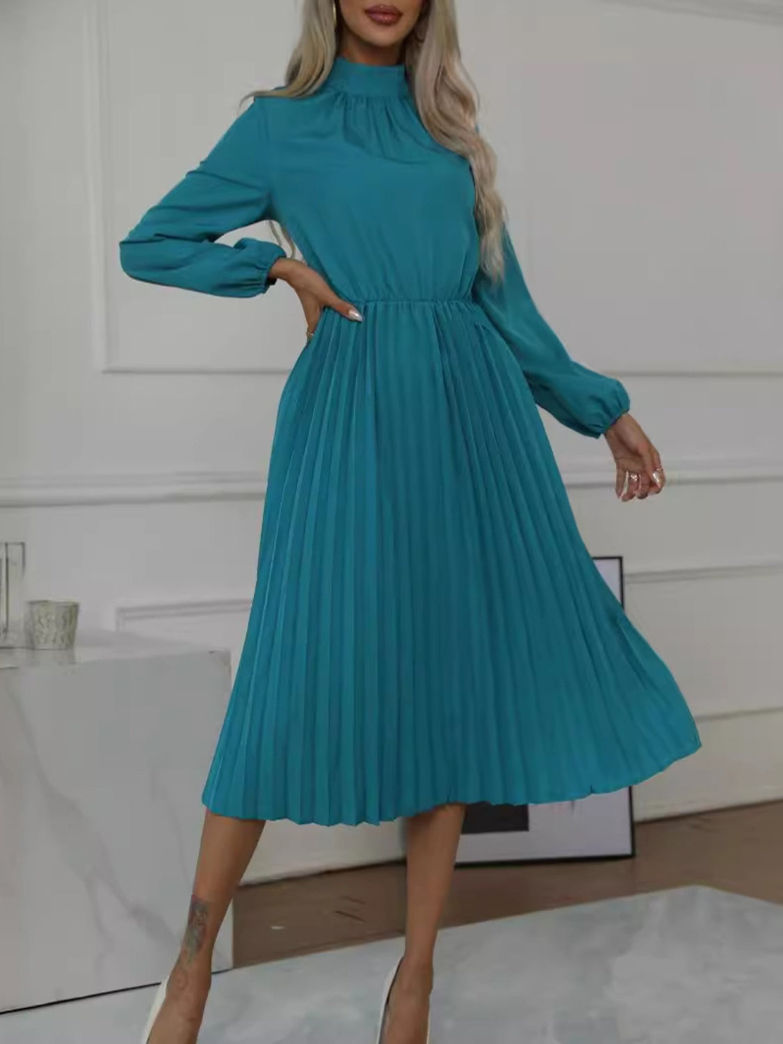 Long Sleeve Pleated Midi Work Dress