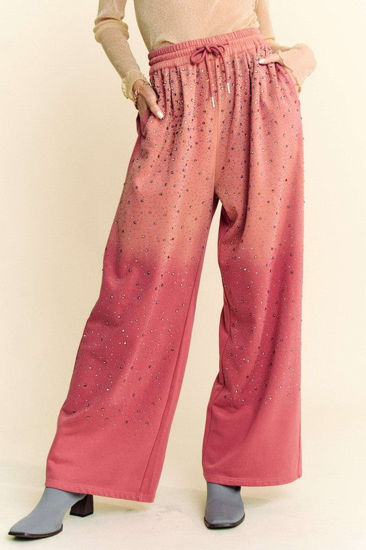 Rhinestone Drawstring Wide Leg Pants