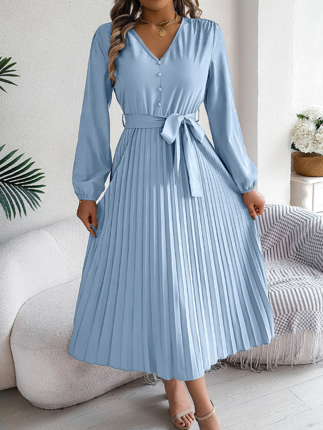 Pleated Tied V-Neck Long Sleeve Midi Dress