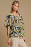 Full Size Abstract Puff Sleeve Resort Blouse