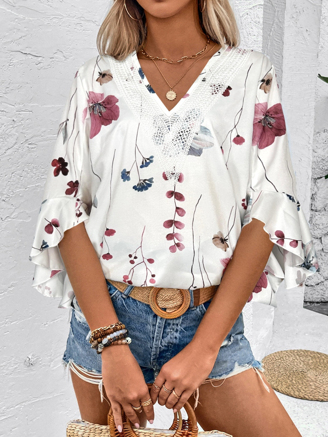 Feminine  Ruffled Printed V-Neck Half Sleeve Blouse