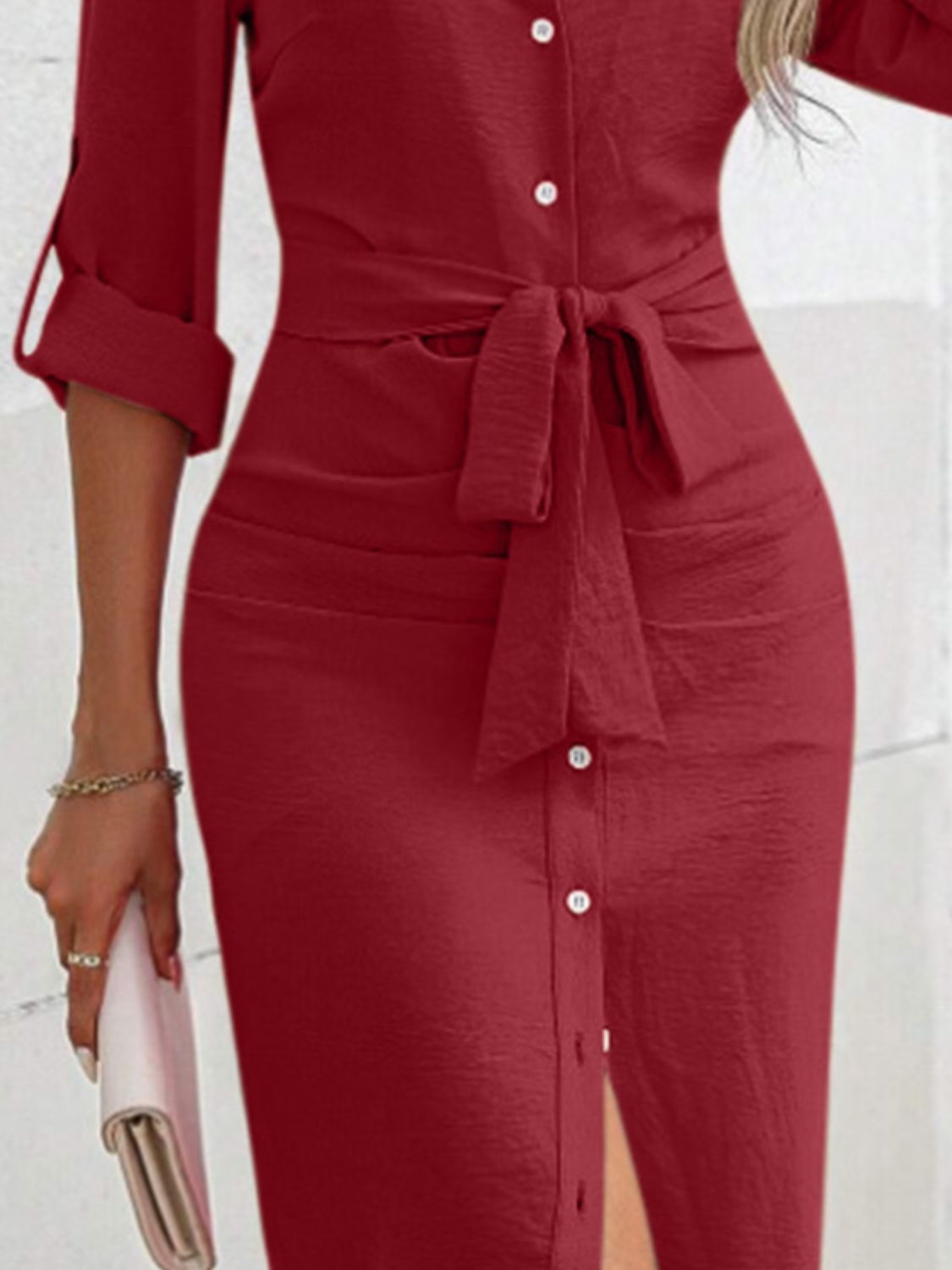 Collared Neck Roll-Tab Sleeve Dress