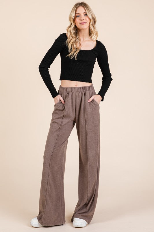 Elastic Waist Wide Leg Beach Pants with Pockets