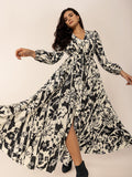 Printed V-Neck Long Sleeve Midi Dress