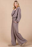 Mocha Boat Neck Long Sleeve Drawstring Baggy Jumpsuit