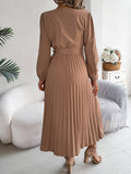 Pleated Tied V-Neck Long Sleeve Midi Dress