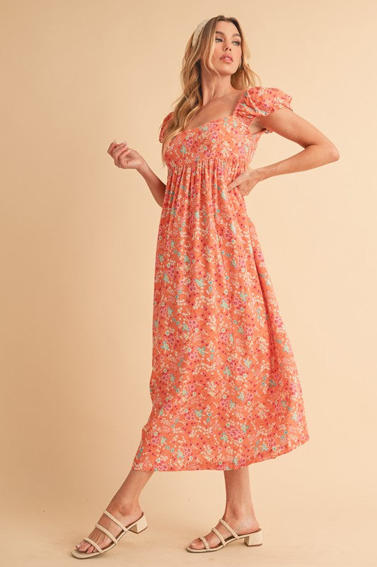 Coral Floral Puff Sleeve Midi Summer Dress