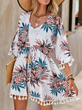 Tassel Tied Printed Half Sleeve Beach Cover Up