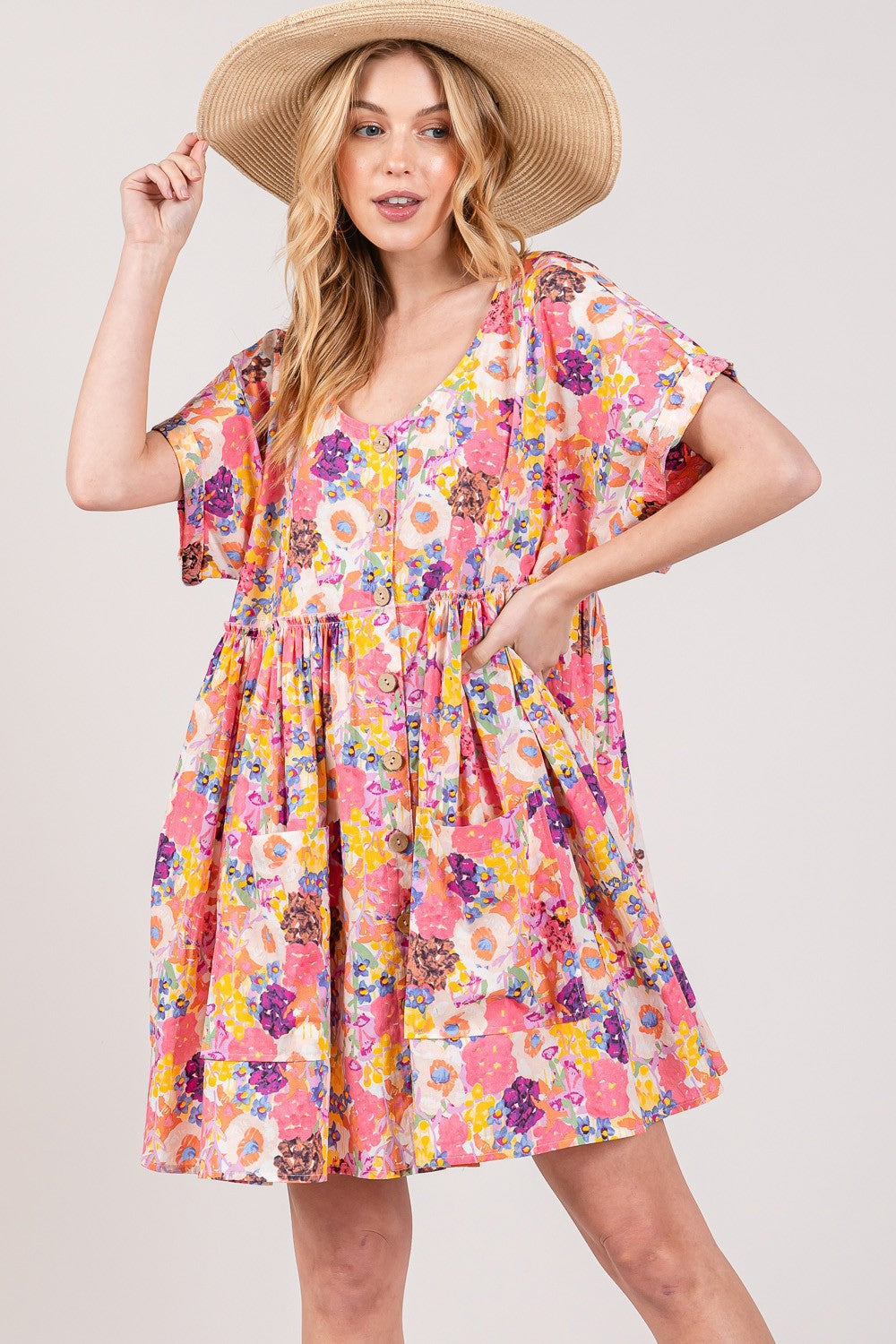 Floral Short Sleeve Babydoll Summer Dress with Pockets