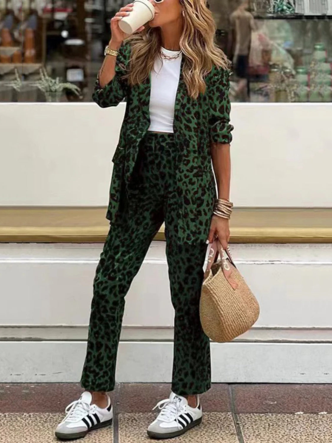 Full Size Leopard Long Sleeve Resort Blazer and Pants Travel Set